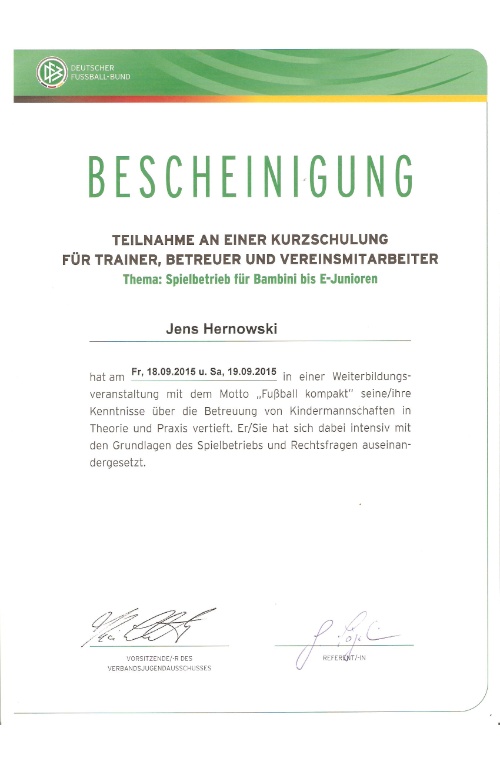 Teilnahmebescheinigung Jens Hernowski Kurzschulung DFB 001